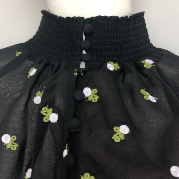 Cabi Black Embroidered Sheer Floral Smocked Neck Blouse Size XS - Picture 5 of 10
